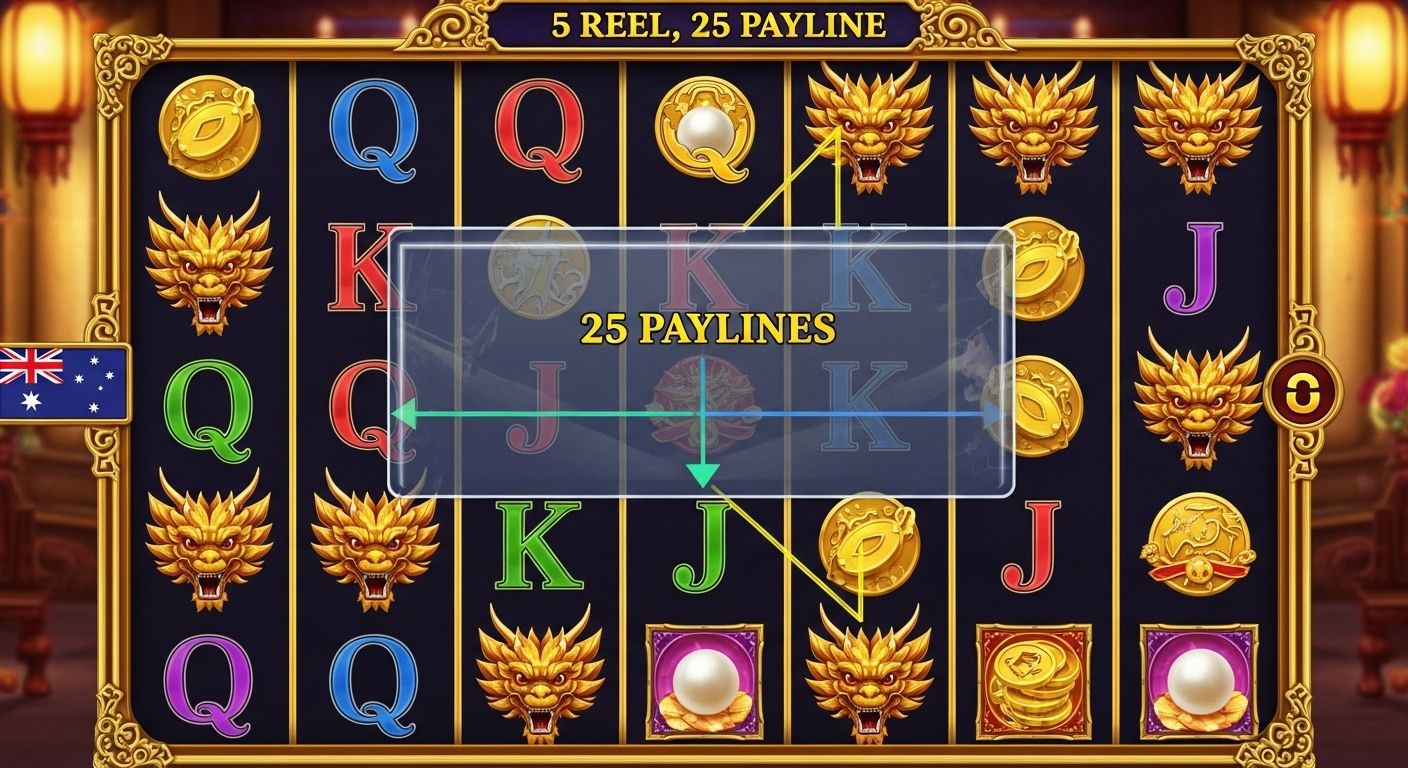 Dragon Pearls game grid with reels and paylines